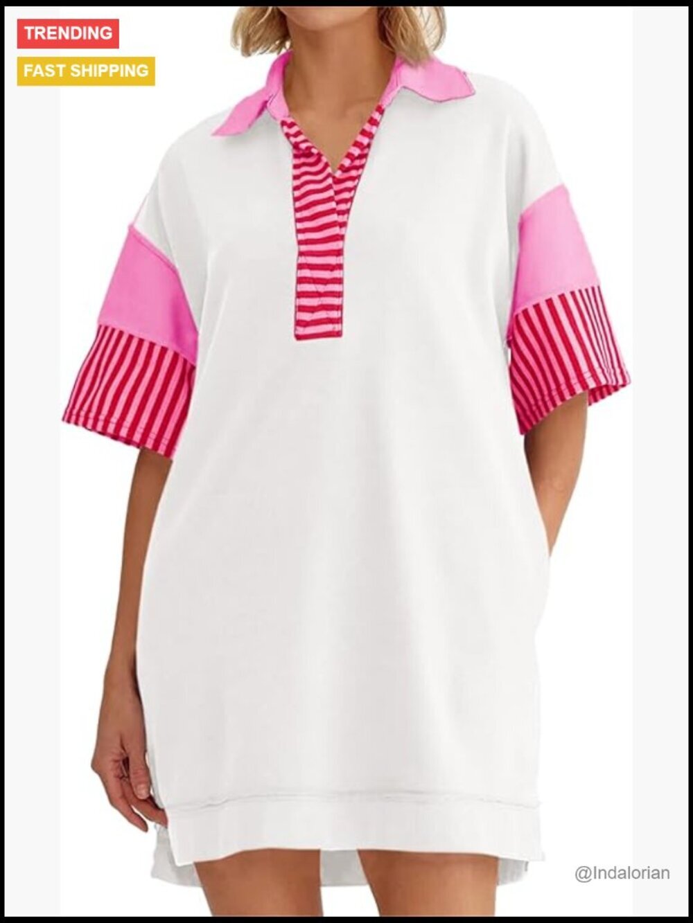 Color Block Polo V Neck T Shirt Dress Casual Oversized Mini Dress Side Pockets